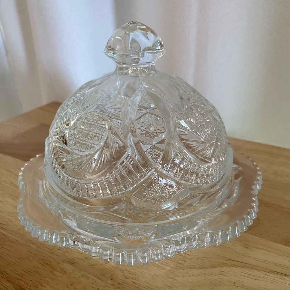 Vintage L.E. Smith Sunburst Pressed Clear Glass Round Covered Butter Dish Retro - Picture 8 of 11